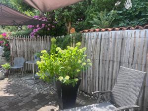 a garden with a fence and a table and chairs at Bed & Breakfast Bodensee mit Herz in Stockach