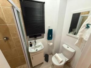 a bathroom with a toilet and a sink and a shower at Cabana Vista 4 in La Mercy