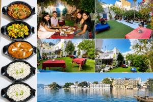 a collage of photos of people eating and eating food at Veda Heritage Haveli in Udaipur