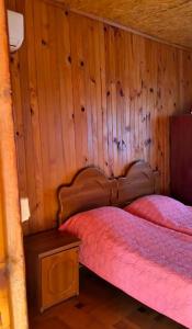 a bedroom with a bed with a wooden wall at double room in Ureki