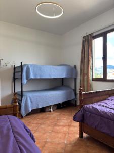 a bedroom with two beds with blue sheets and a window at Hostel Calao in Shkodër +47 photos