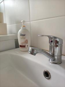 a bottle of soap sitting on top of a bathroom sink at Intime Poto House Suceava in Suceava +23 photos