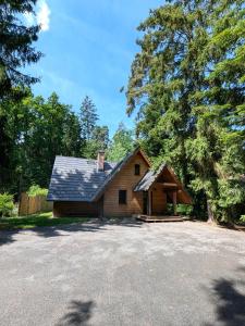 a house with a gambrel roof and a driveway at Chata Eva in Planá nad Lužnicí