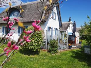 a white house with a thatched roof at Ferienhaus-Seehund in Glowe