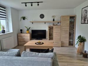 a living room with a couch and a tv at Sowi Zakątek in Jugów