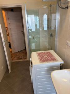 a bathroom with a shower and a toilet and a sink at Nicole's House in Asti