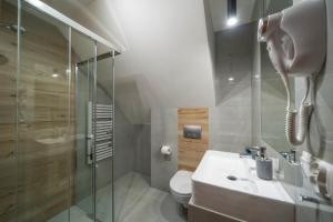 a bathroom with a toilet and a sink and a shower at Noclegi Na Brzegu in Szaflary +27 photos