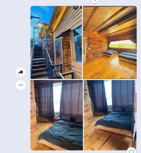 a collage of photos of a cabin with a bed and stairs at Thông house 2 in Kon Von Kla