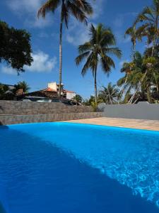 a blue swimming pool with palm trees in the background at Casa Irmã Lua in Porto Seguro