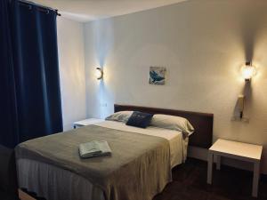 a bedroom with a bed and a blue curtain at Pension Casín in Ribadesella