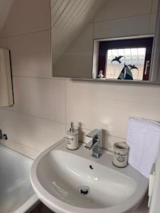 a white sink in a bathroom with a mirror at Ferienhaus Fehmarnliebe in Fehmarn +16 photos