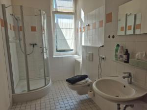 a bathroom with a shower and a toilet and a sink at PP Pension Potsdam in Potsdam
