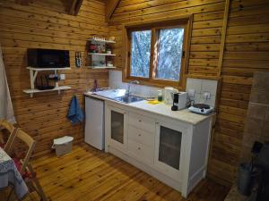 a kitchen with a sink in a wooden cabin at Ronit and Mario in Abirim +18 photos