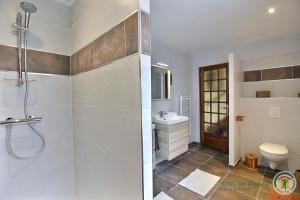 a bathroom with a shower and a toilet and a sink at Les hauts de kergiquel in Paimpol +27 photos