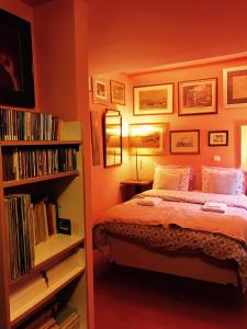 a bedroom with a bed, bookshelves and a lamp at Gallery Basement in Villa Vravrona in Markopoulo