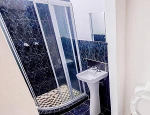 a bathroom with a shower and a sink at SkyWags Guest House in Bloemfontein +10 photos