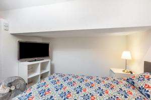 a bedroom with a bed and a flat screen tv at Ferienwohnung Casa Marco 1 in Grenzach-Wyhlen