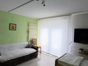 a living room with a couch and a flat screen tv at Ferienwohnung im Rotkäpchenland in Schwalmstadt