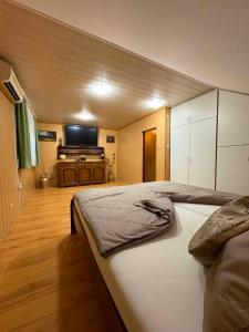 a bedroom with two beds and a flat screen tv at Lila Central Apartman in Balatonlelle