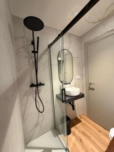 a bathroom with a shower with a sink and a mirror at Hotel Restaurante Plati in Villarcayo