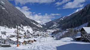 Un petit village dans la neige avec des montagnes dans l'établissement Apart Steffi, à See