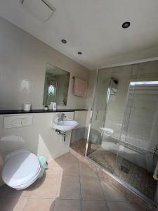 a bathroom with a toilet and a shower and a sink at Emlagh, Self Catering Glamping Pods in Kilkee