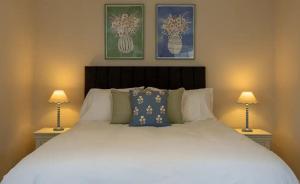 a bedroom with a large white bed with two lamps at Bluebell in Edlington