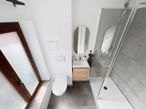 a bathroom with a shower and a toilet and a sink at Third Corner in Liège