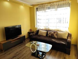 a living room with a couch and a television at Charming Apartment with balcony in Vidin +1 photo