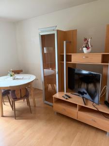 a living room with a tv and a table and a table at Wohnhaus Leitner in Wald am Schoberpaß