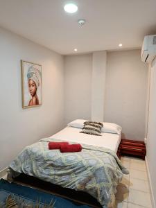 a bedroom with a bed with two red pillows on it at Hostal Cigarra in Panama City