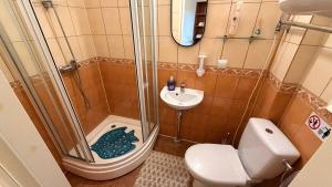 ein Badezimmer mit Dusche, Toilette und Waschbecken in der Unterkunft Hotel Veagles in Narva-Jõesuu + 108 Fotos