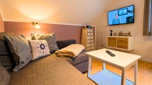 a living room with a couch and a tv at Captain Pahlen Ferienanlage in Zingst