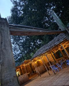 a building with chairs and a thatch roof with lights at Riverside chania resort in Nyeri +20 photos