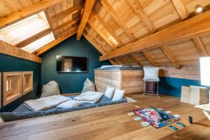 a living room with a couch and a tv in a room at Malago in Le Monêtier-les-Bains