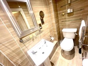 a bathroom with a toilet and a sink and a mirror at 'Maisie' in ApartNest Auchterarder in Auchterarder