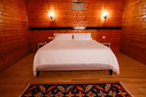 a bedroom with a bed in a room with wooden walls at Agroturizem Bylis in Hekal