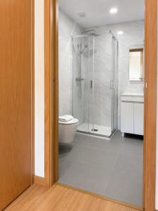 a bathroom with a shower and a toilet and a sink at Dona Emília Mercado in Viana do Castelo