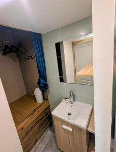 a bathroom with a sink and a shower with a tub at Nice chaleett in mountains in Saint-Martin-de-Belleville +3 photos