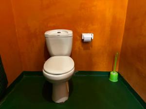 a bathroom with a toilet and a green floor at East Homestay in Boma la Ngombe +36 photos