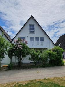 a white house with a tree in front of it at Ruhige, moderne Maisonette Ferienwohnung Rügensonne mit großem Balkon - umgeben vom Wasser in Breege