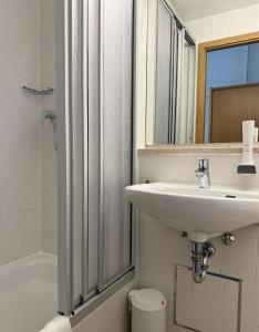 a bathroom with a sink and a toilet and a mirror at Hotel Hasen Kaufbeuren Allgäu in Kaufbeuren +43 photos