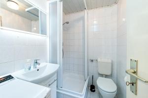 a bathroom with a toilet and a sink and a shower at Ferienhaus am Strand 88 - Bade- & Saunawelt täglich inklusive in Baabe