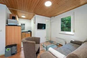 a living room with a couch and two chairs at Ferienhaus am Strand 88 - Bade- & Saunawelt täglich inklusive in Baabe