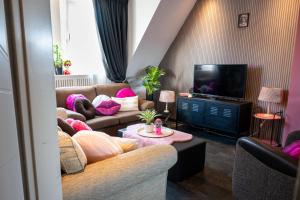 a living room with two couches and a tv at Slapen bij Ticho in Yerseke