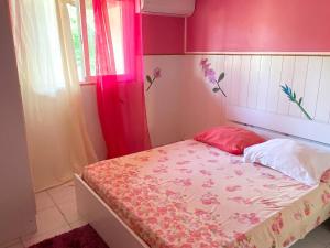 a small bedroom with a bed with pink walls at Maison de charme avec vue sur mer à Bas Vent - Confort optimal in Bas Vent