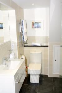 a white bathroom with a toilet and a sink at Cedar Tree Cottage in Clocaenog