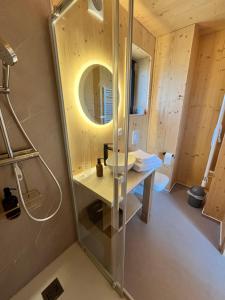 a bathroom with a shower with a sink and a mirror at Lodges Au Cœur des Puys in Nébouzat +37 photos