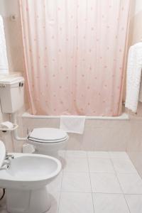 a bathroom with a toilet and a shower curtain at Charming Apartment in Alvoco da Serra - Mountain View - 50 sqm in Alvoco da Serra