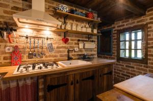 a kitchen with a stove and a sink in it at Elegant villa with jacuzzi near Možđenec in Možđenec